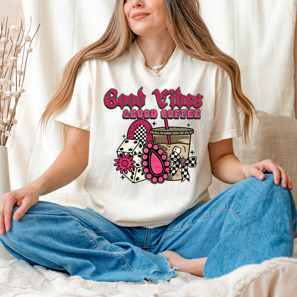 Good Vibes And Good Coffee Graphic T-Shirt | Crewneck | Hot Pink Version