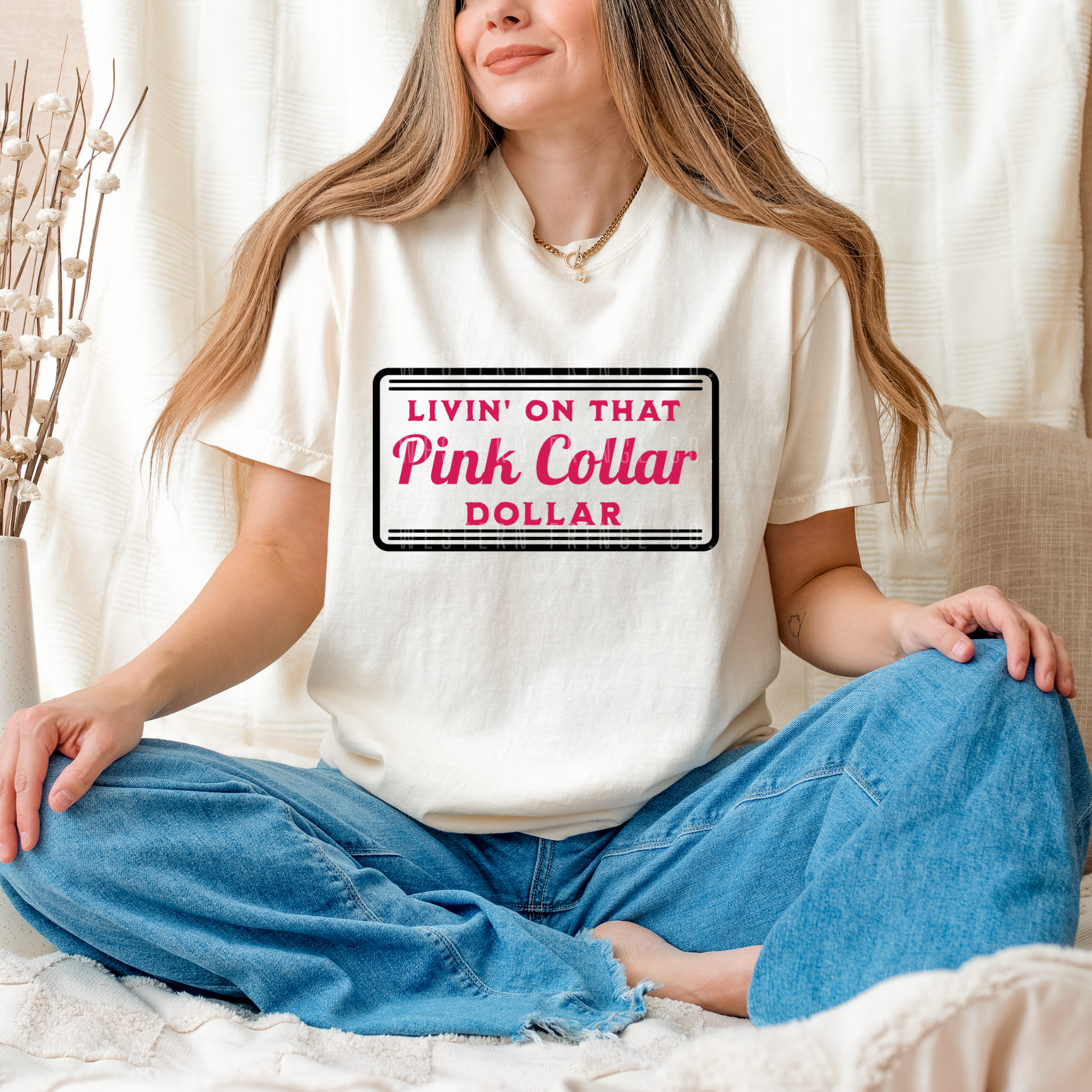 Livin' On That Pink Collar Dollar Graphic T-Shirt | Crewneck | Hot Pink Version