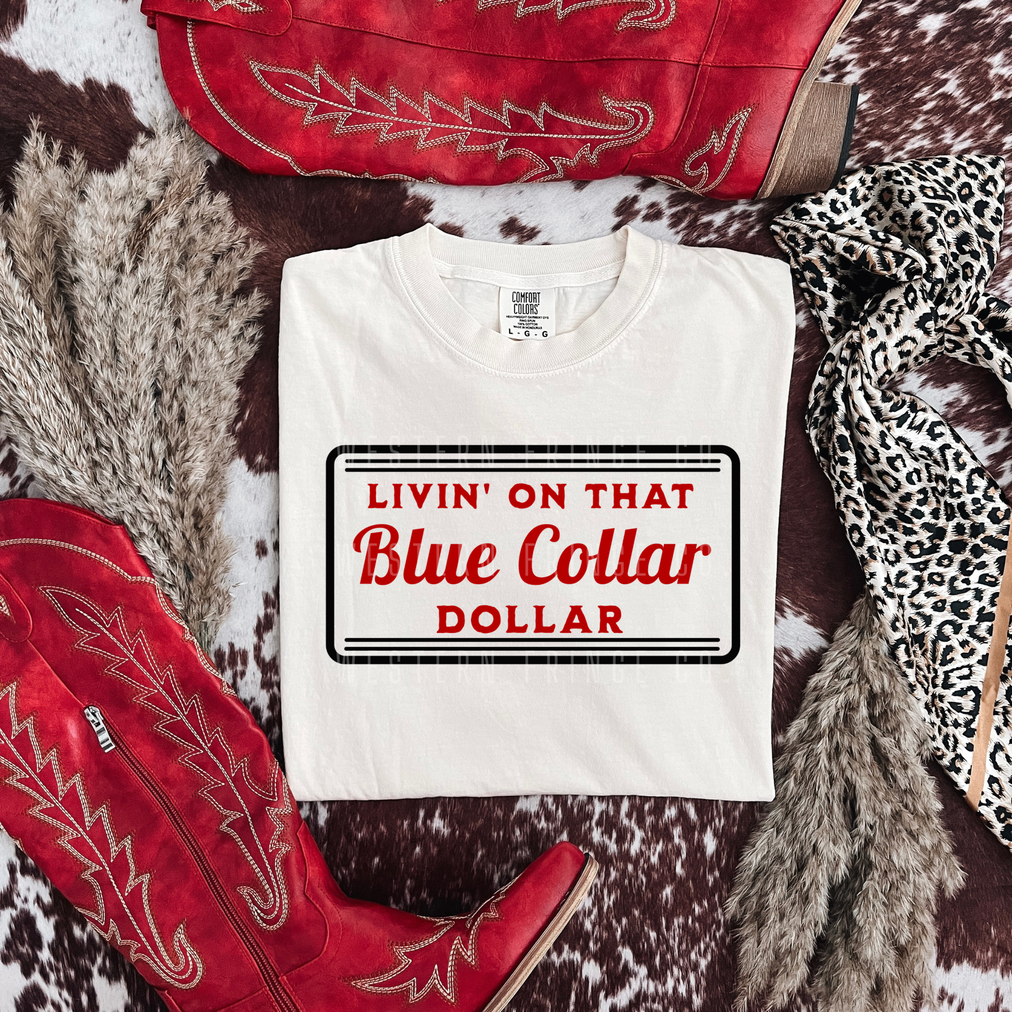 Livin' On That Blue Collar Dollar Graphic T-Shirt | Crewneck | Red Version