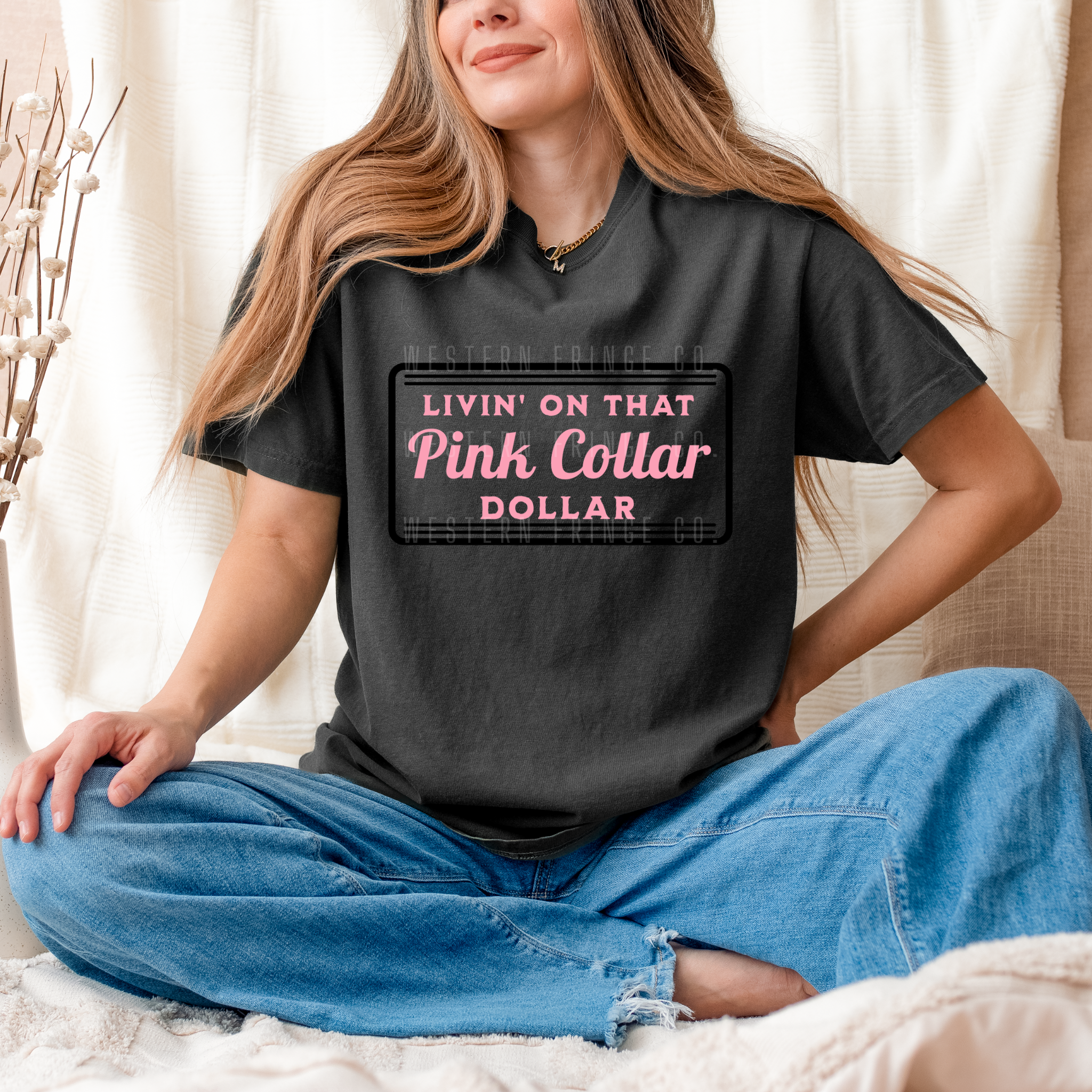 Livin' On That Blue Collar Dollar Graphic T-Shirt | Crewneck | Light Pink Version