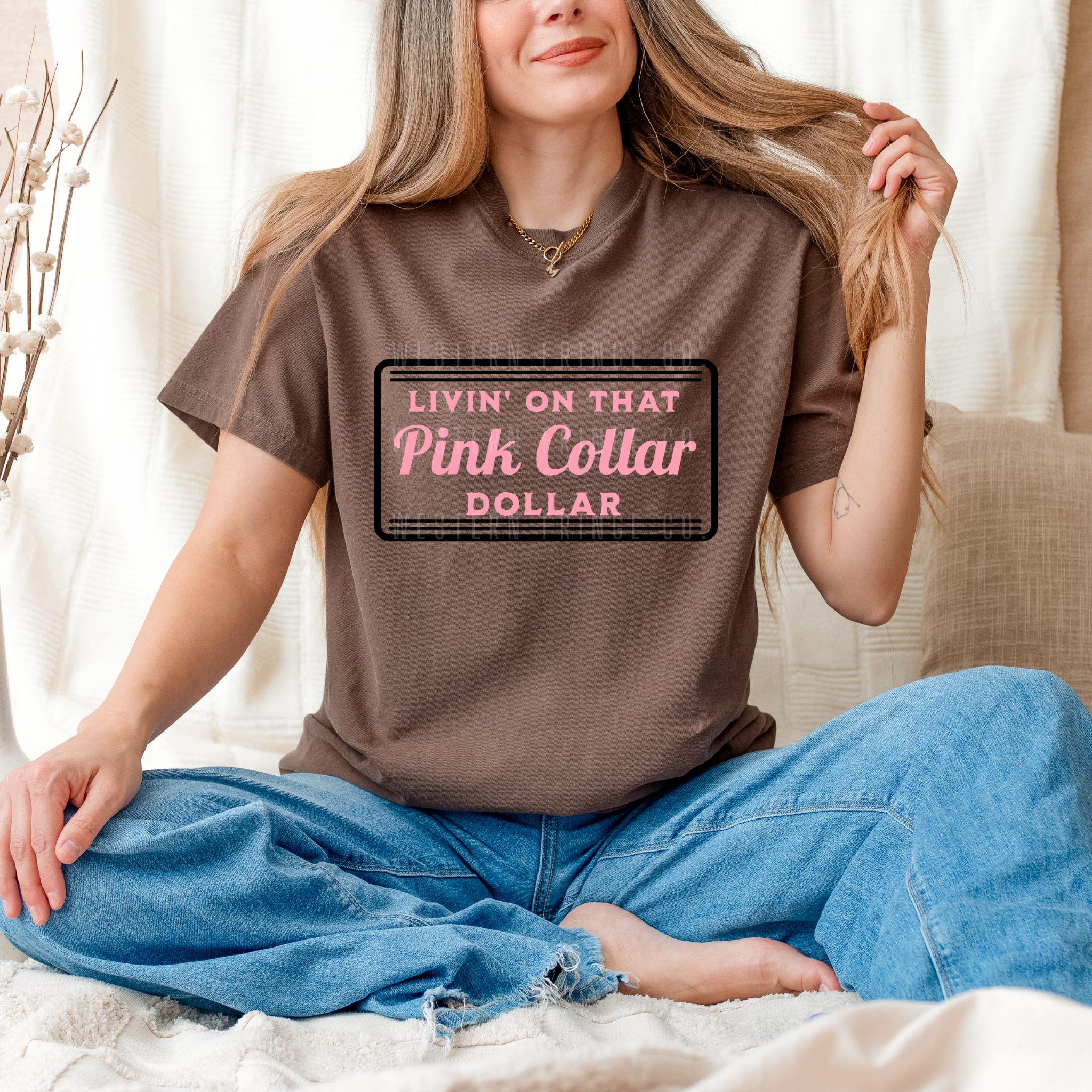 Livin' On That Blue Collar Dollar Graphic T-Shirt | Crewneck | Light Pink Version