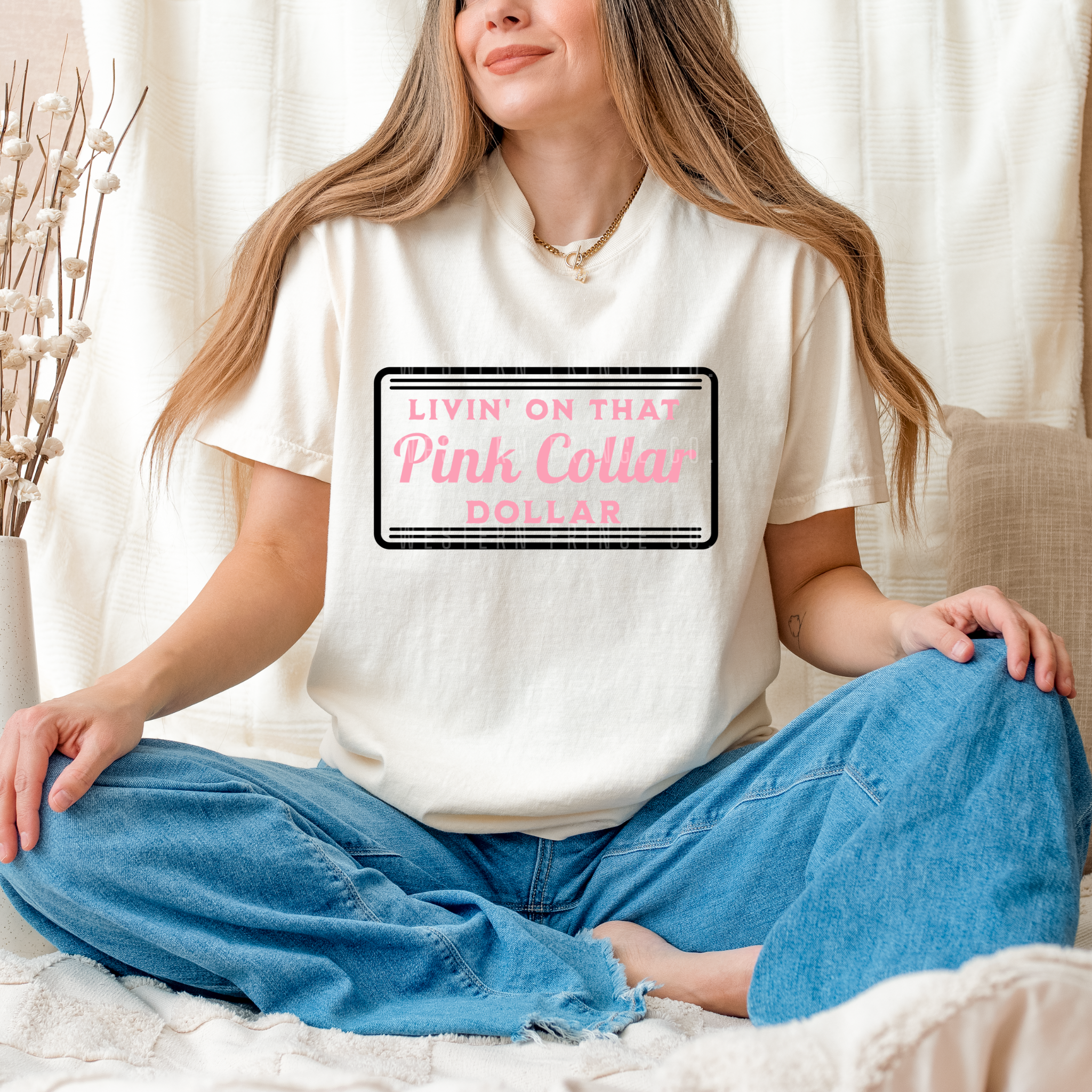 Livin' On That Blue Collar Dollar Graphic T-Shirt | Crewneck | Light Pink Version