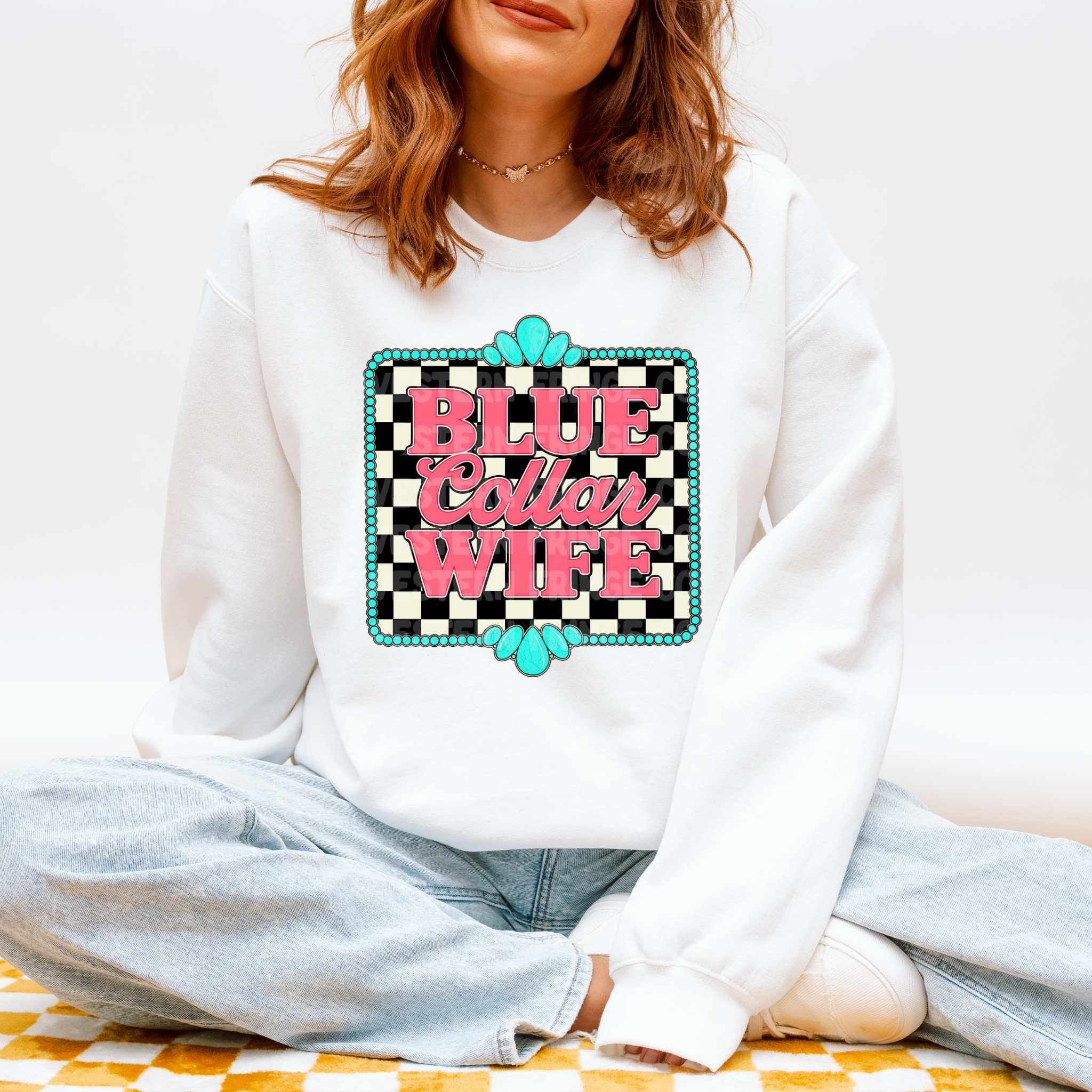 Blue Collar Wife Graphic T-Shirt | Crewneck | Checkered Print