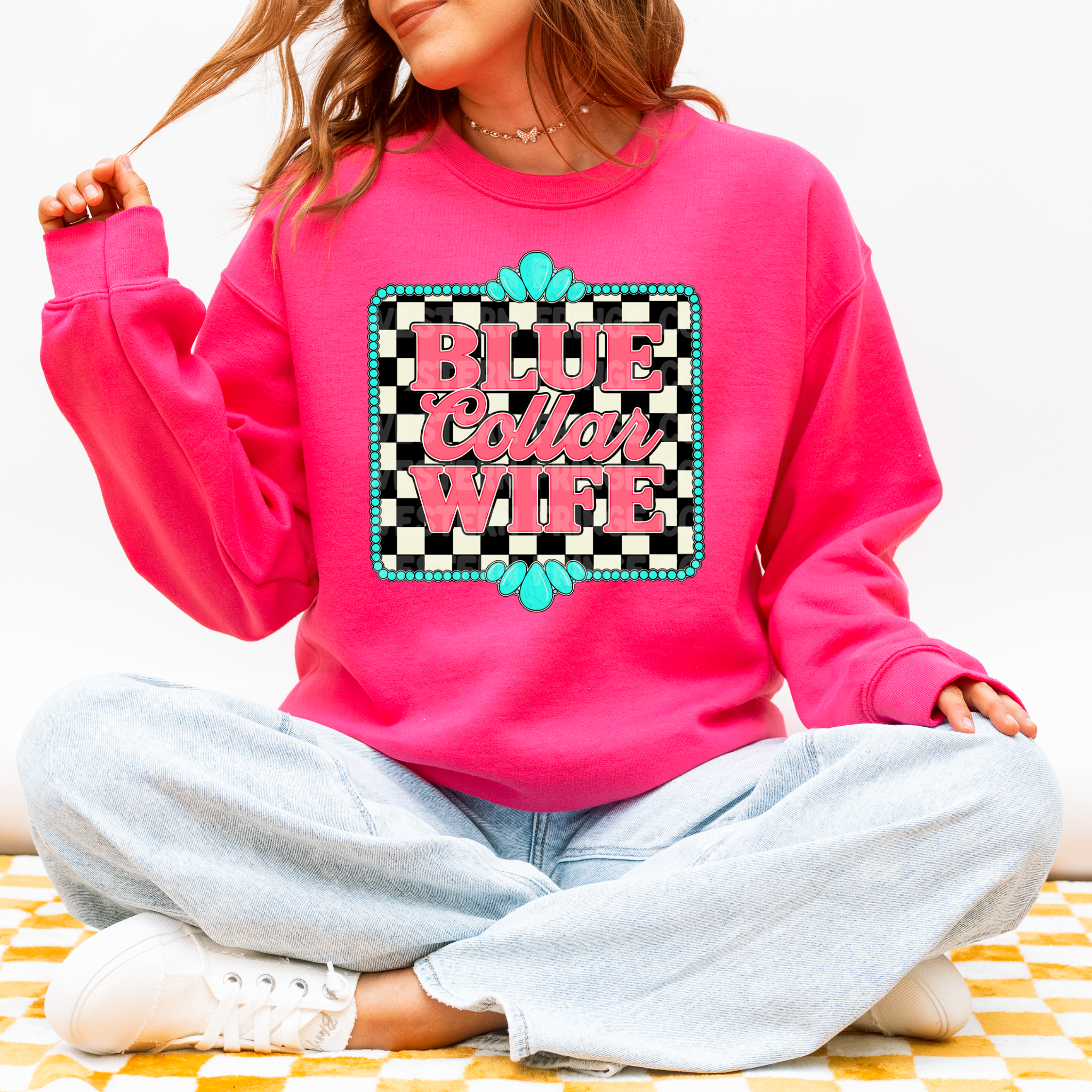 Blue Collar Wife Graphic T-Shirt | Crewneck | Checkered Print