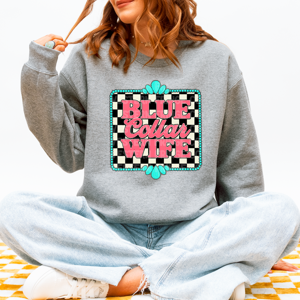 Blue Collar Wife Graphic T-Shirt | Crewneck | Checkered Print