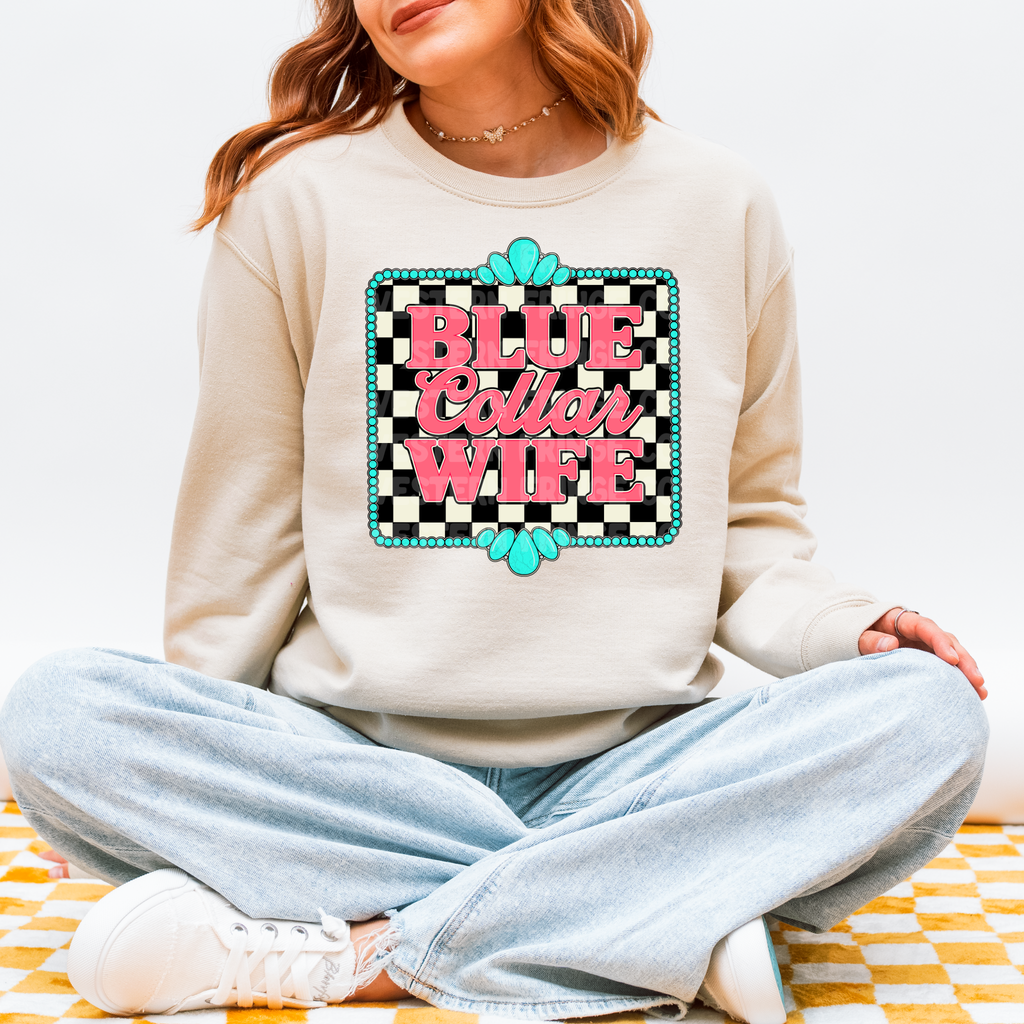 Blue Collar Wife Graphic T-Shirt | Crewneck | Checkered Print
