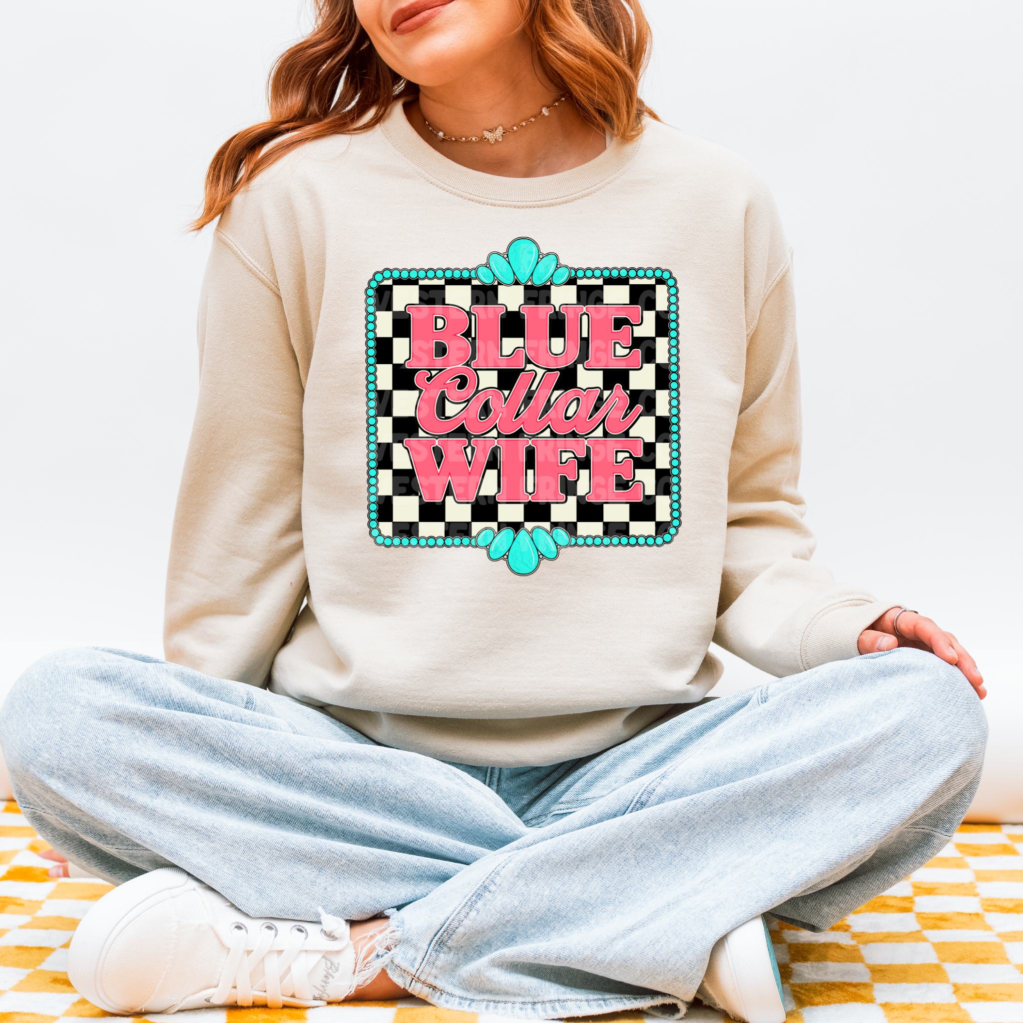 Blue Collar Wife Graphic T-Shirt | Crewneck | Checkered Print