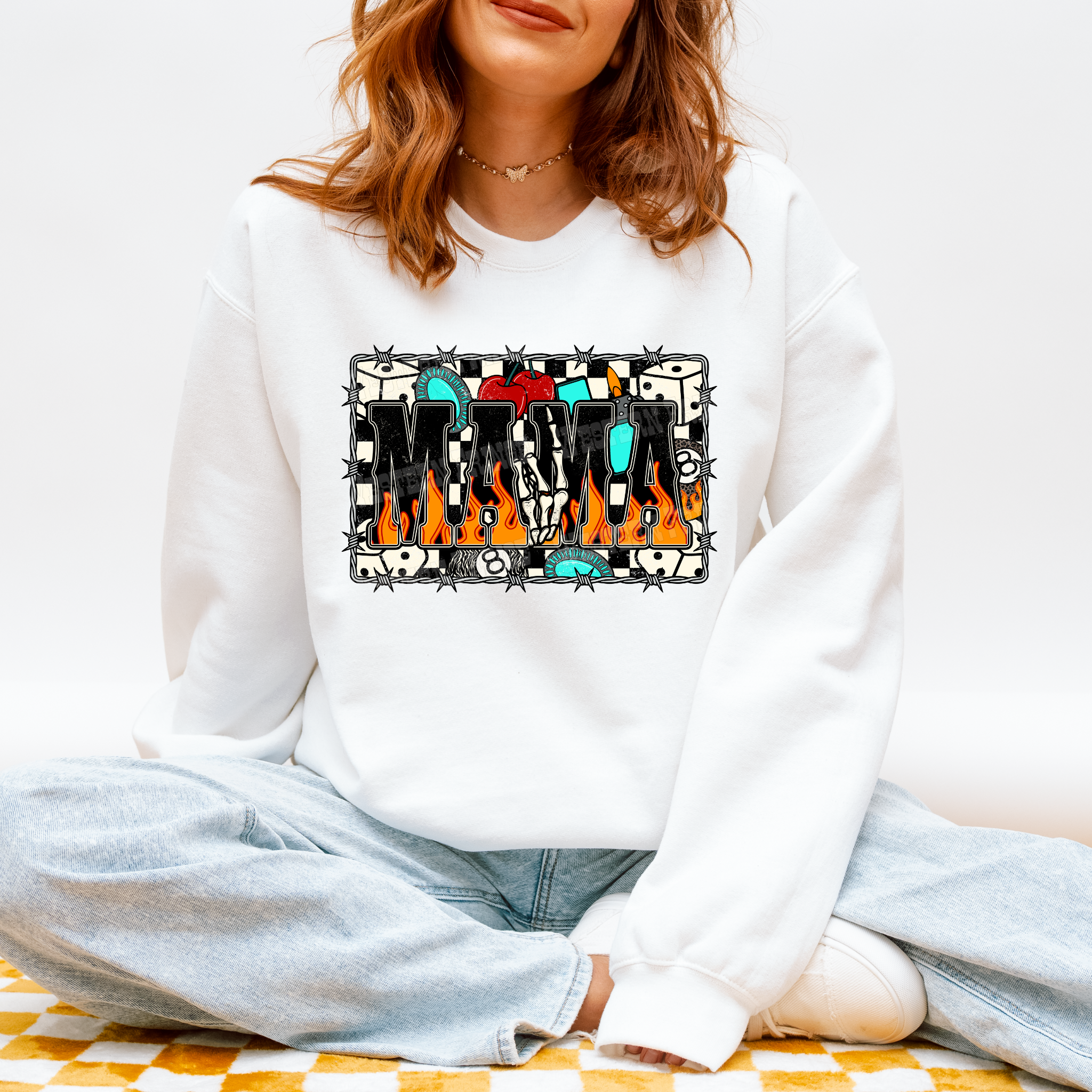 Western Checkered Flame Mama Graphic T-Shirt | Crewneck