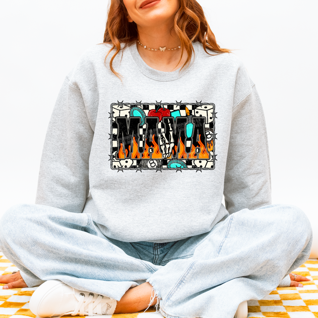 Western Checkered Flame Mama Graphic T-Shirt | Crewneck