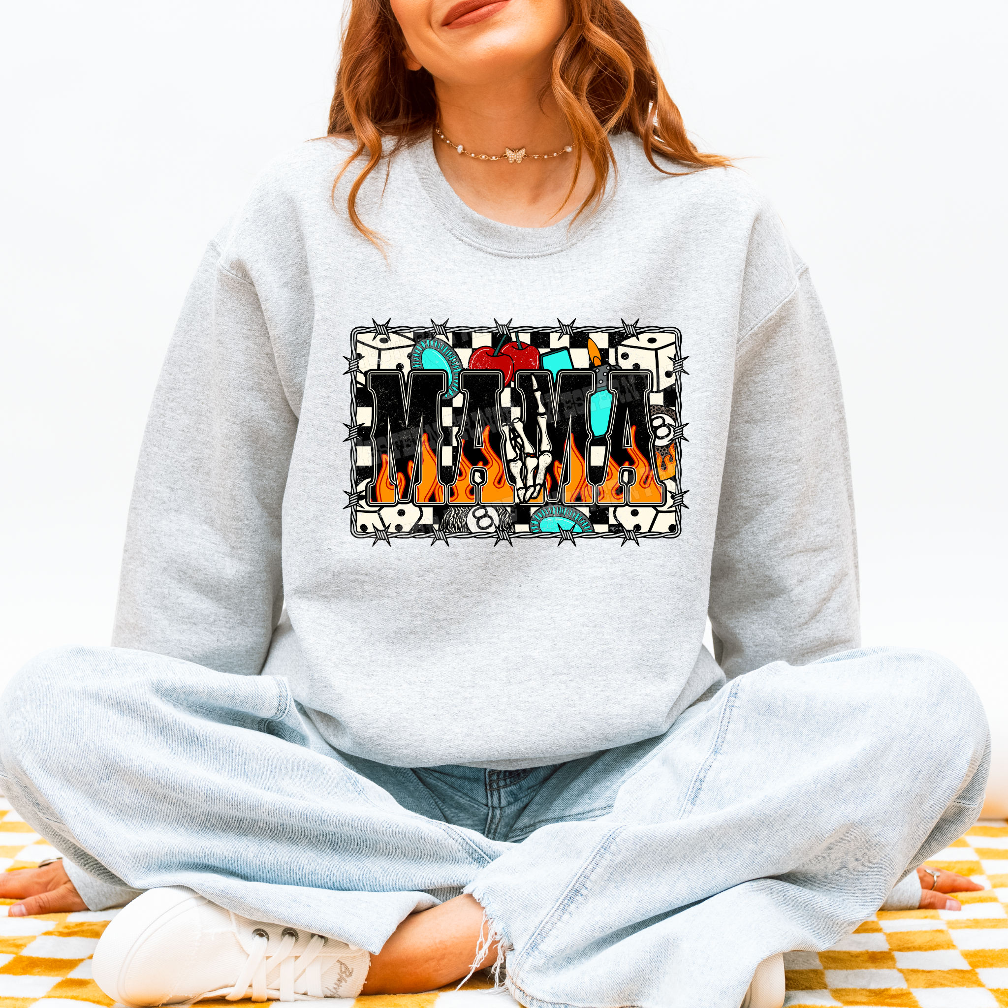 Western Checkered Flame Mama Graphic T-Shirt | Crewneck