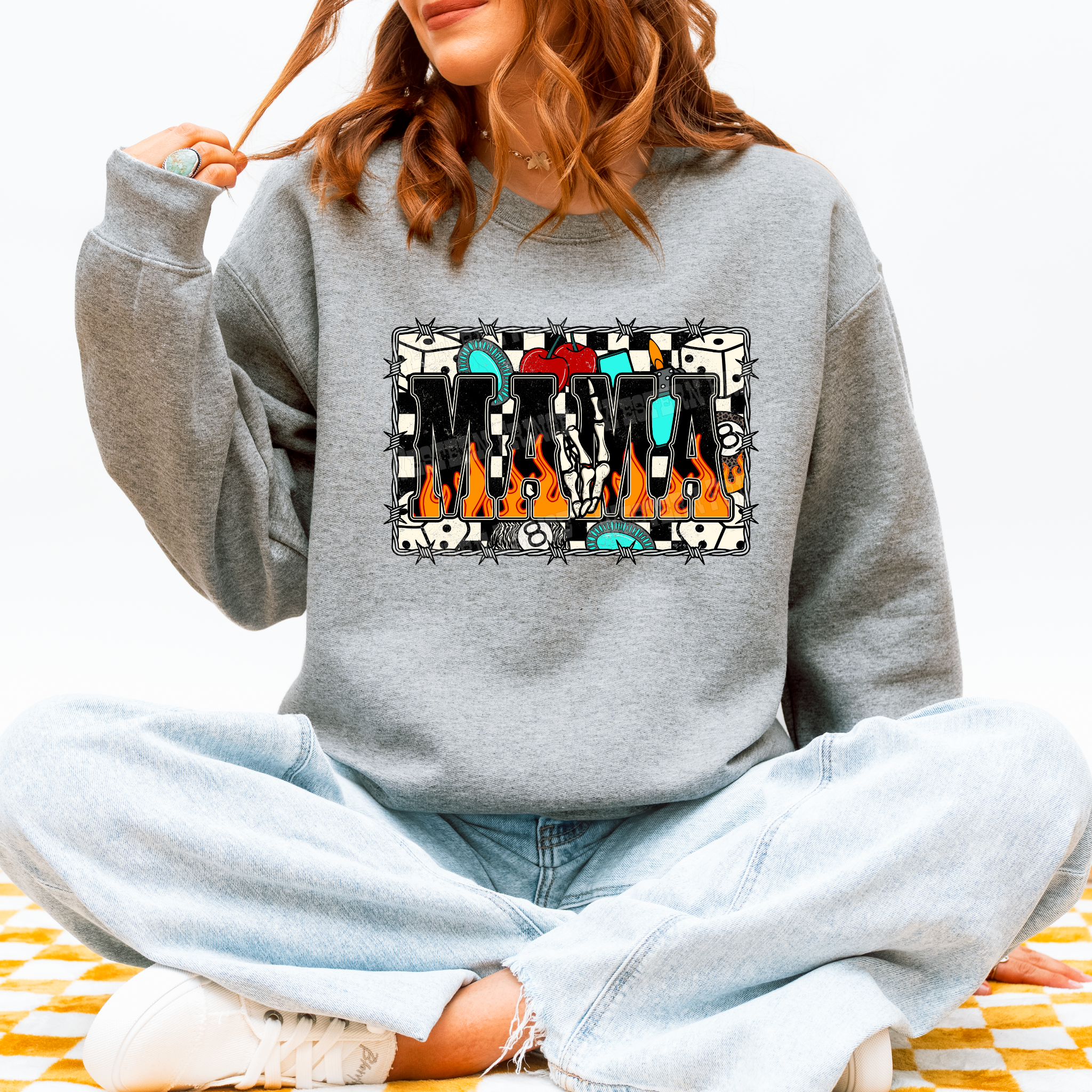 Western Checkered Flame Mama Graphic T-Shirt | Crewneck