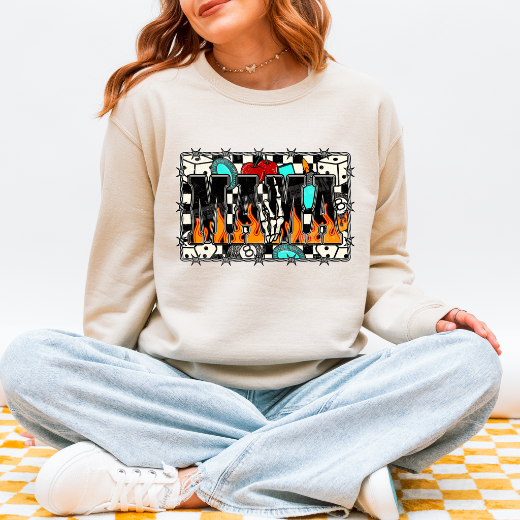 Western Checkered Flame Mama Graphic T-Shirt | Crewneck