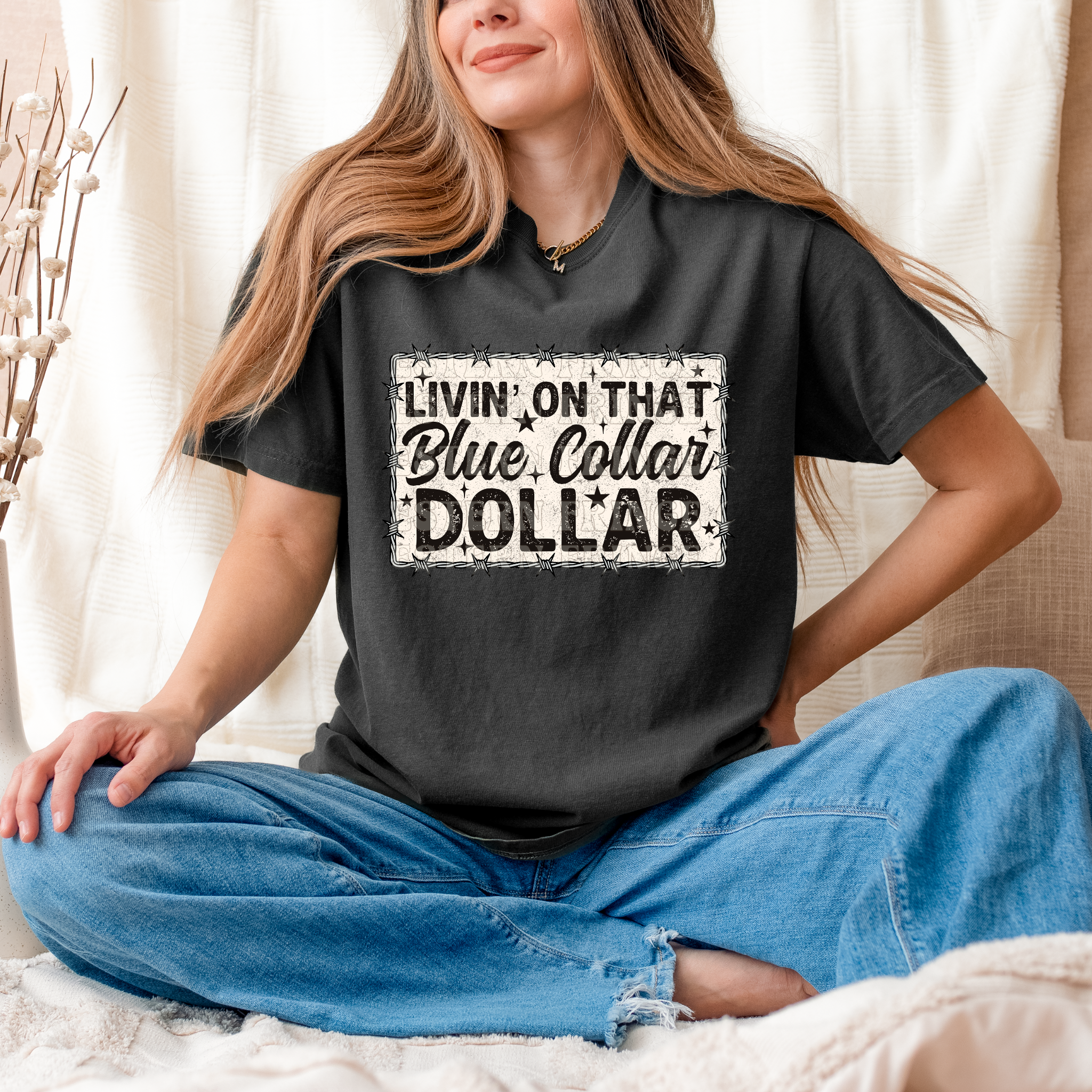 Livin' On That Blue Collar Dollar Barbed Wire Graphic T-Shirt | Crewneck