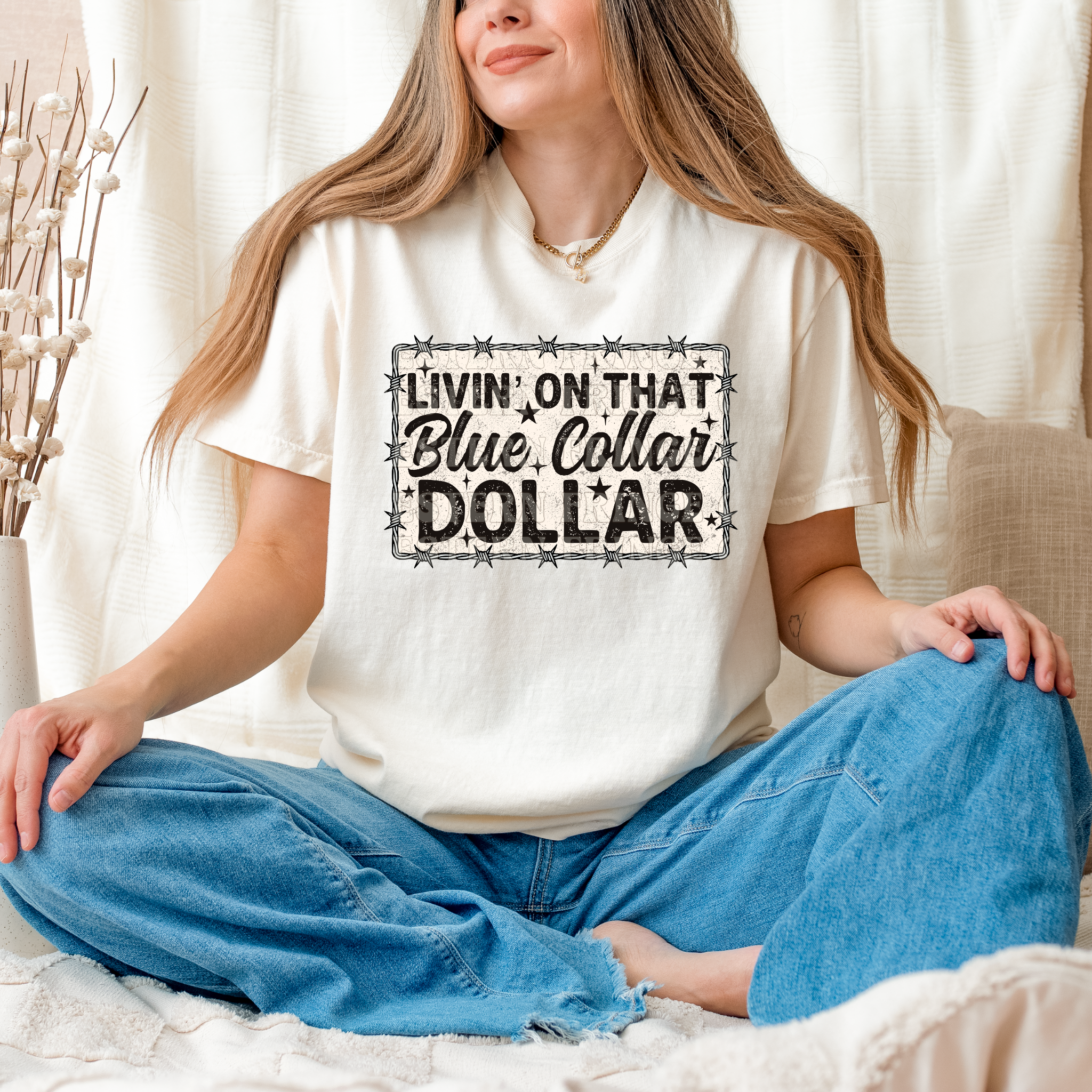 Livin' On That Blue Collar Dollar Barbed Wire Graphic T-Shirt | Crewneck