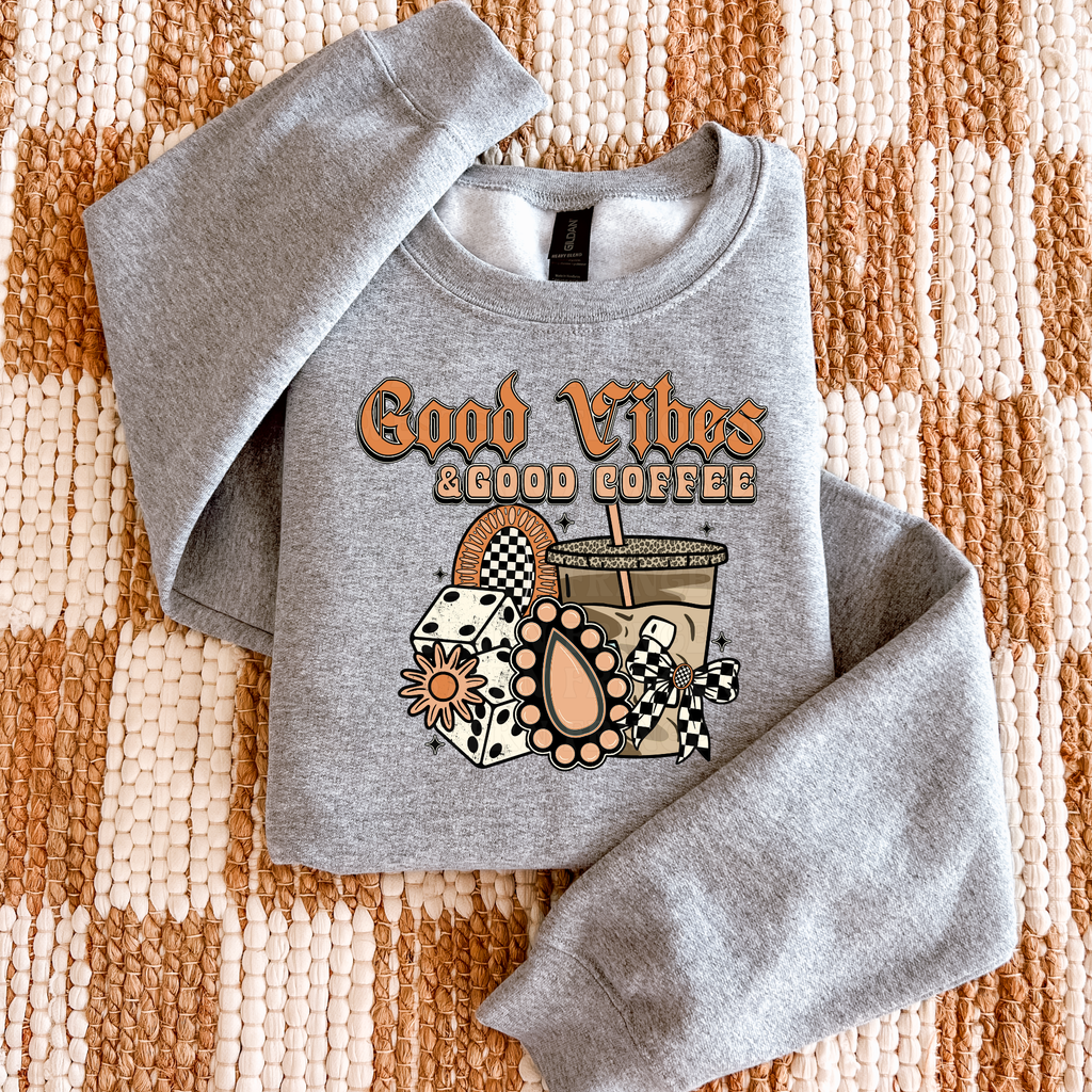 Good Vibes And Good Coffee Graphic T-Shirt | Crewneck | Peach Version