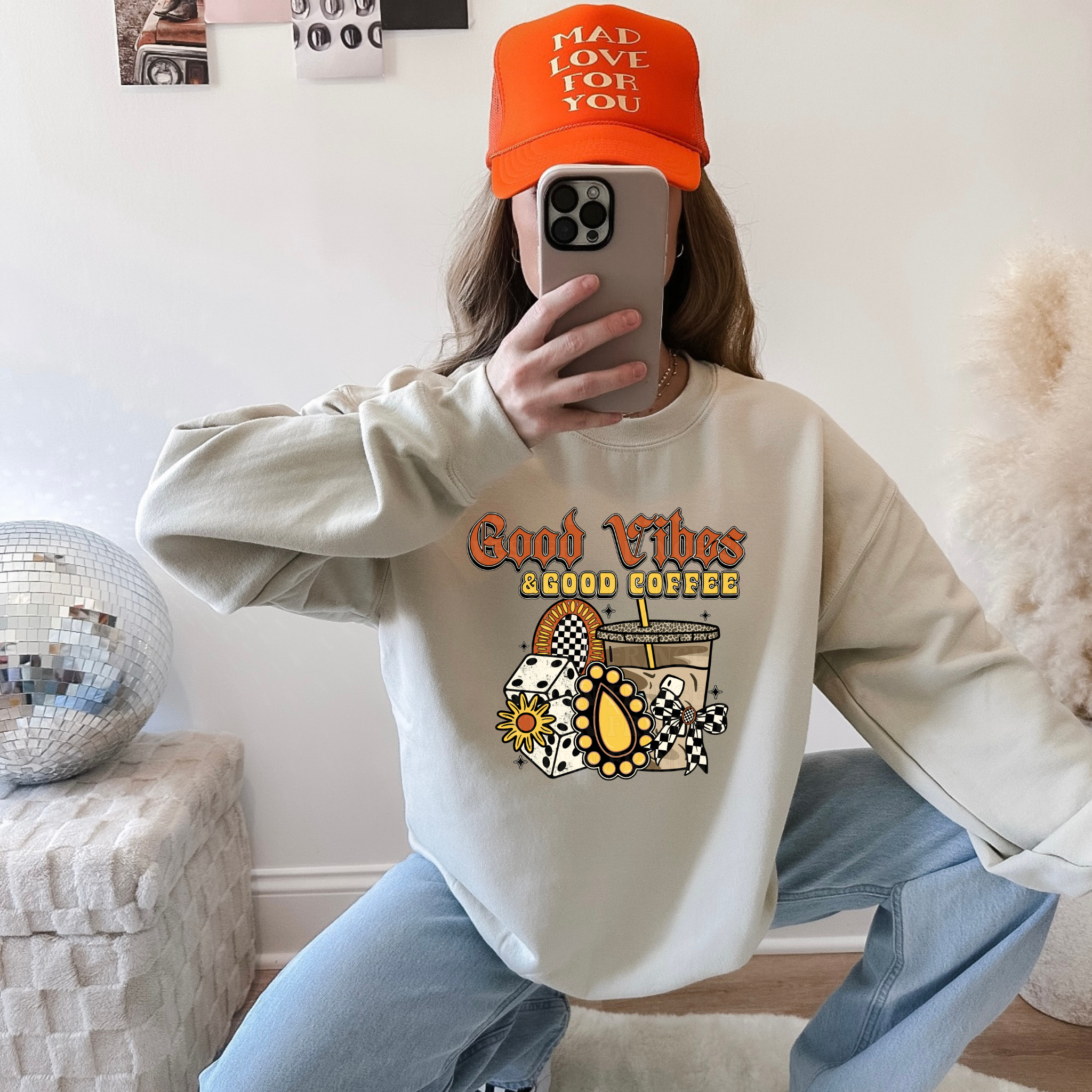 Retro Good Vibes & Good Coffee T- Shirt Graphic T-Shirt | Good Vibes & Good Coffee Crewneck