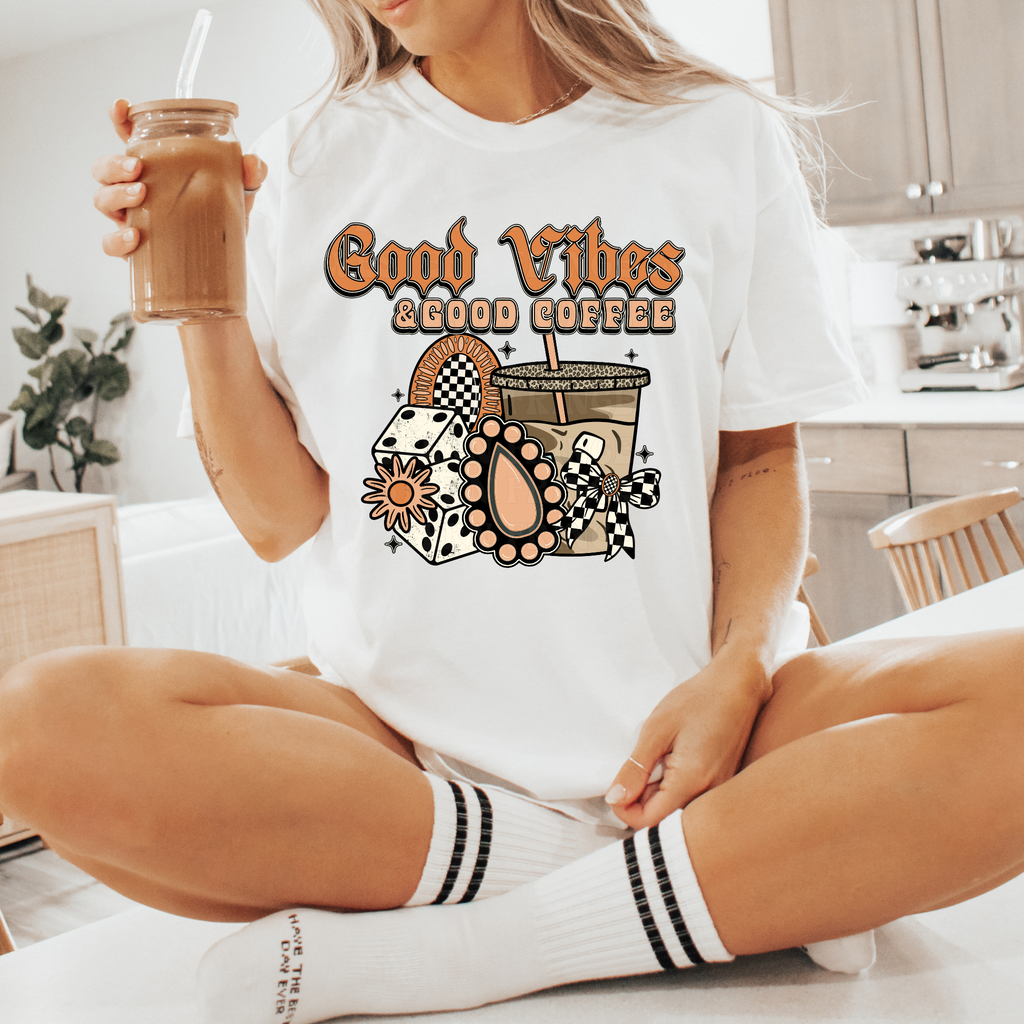 Good Vibes And Good Coffee Graphic T-Shirt | Crewneck | Peach Version