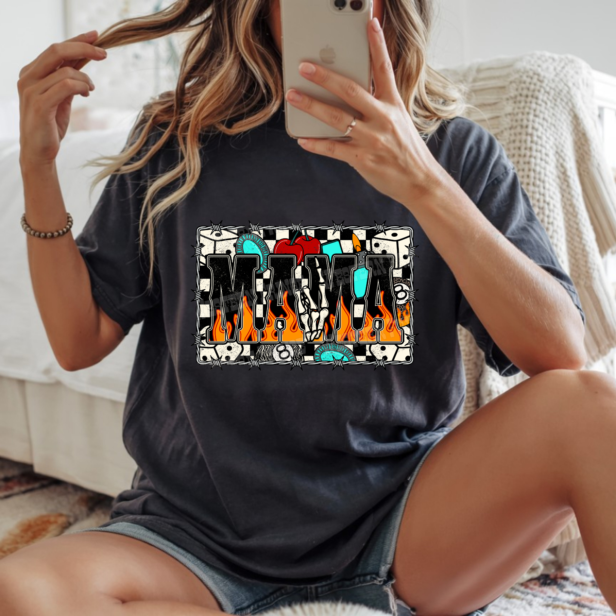 Western Checkered Flame Mama Graphic T-Shirt | Crewneck