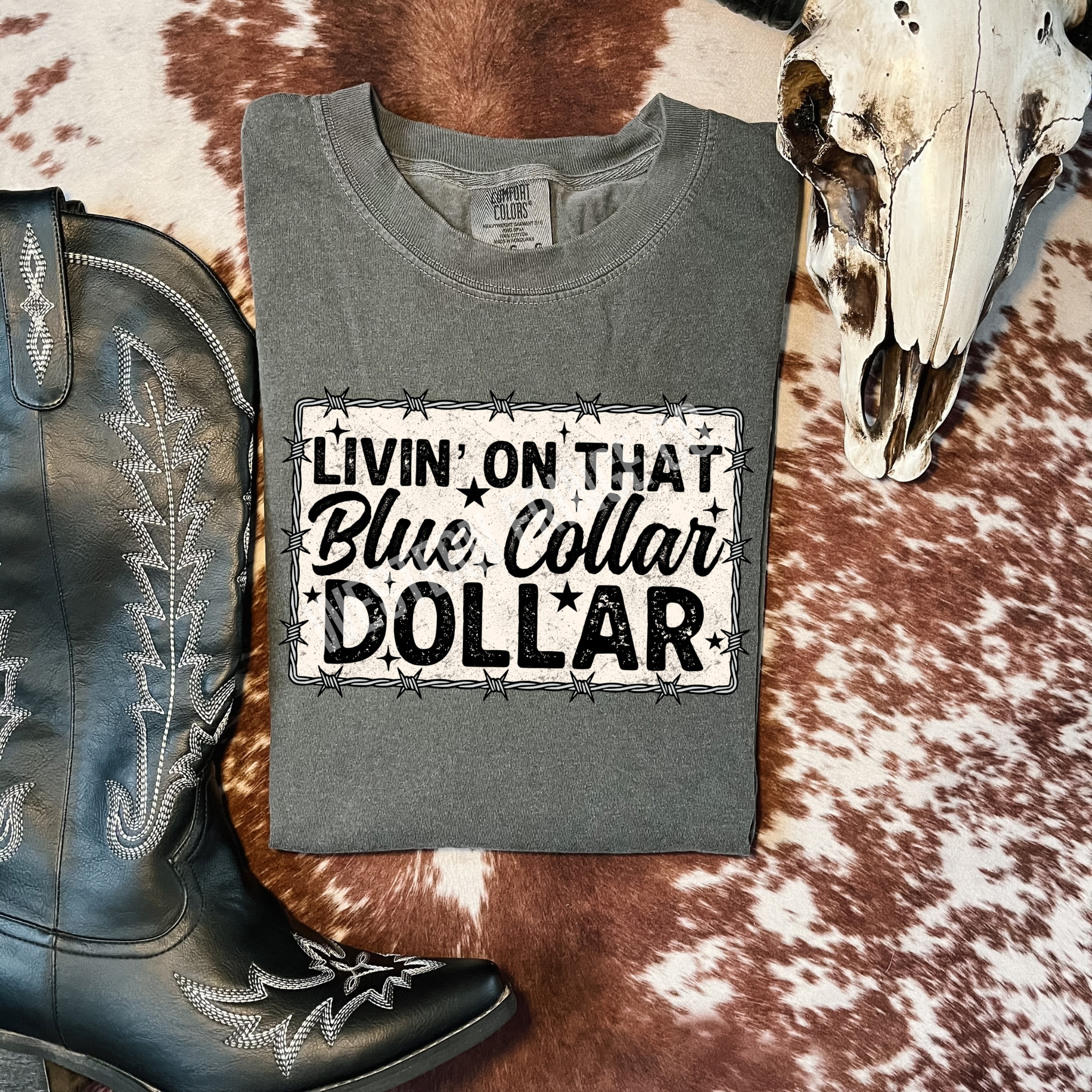 Livin' On That Blue Collar Dollar Barbed Wire Graphic T-Shirt | Crewneck