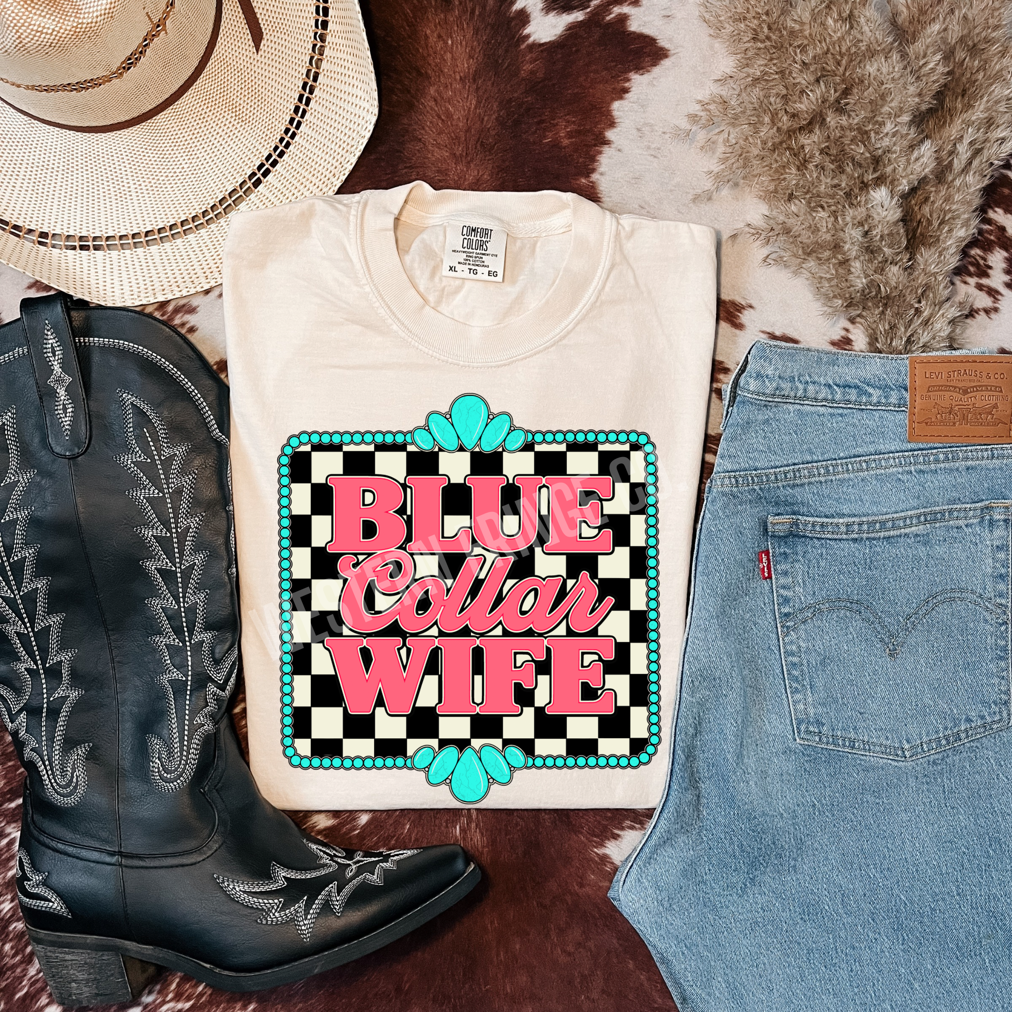 Blue Collar Wife Graphic T-Shirt | Crewneck | Checkered Print