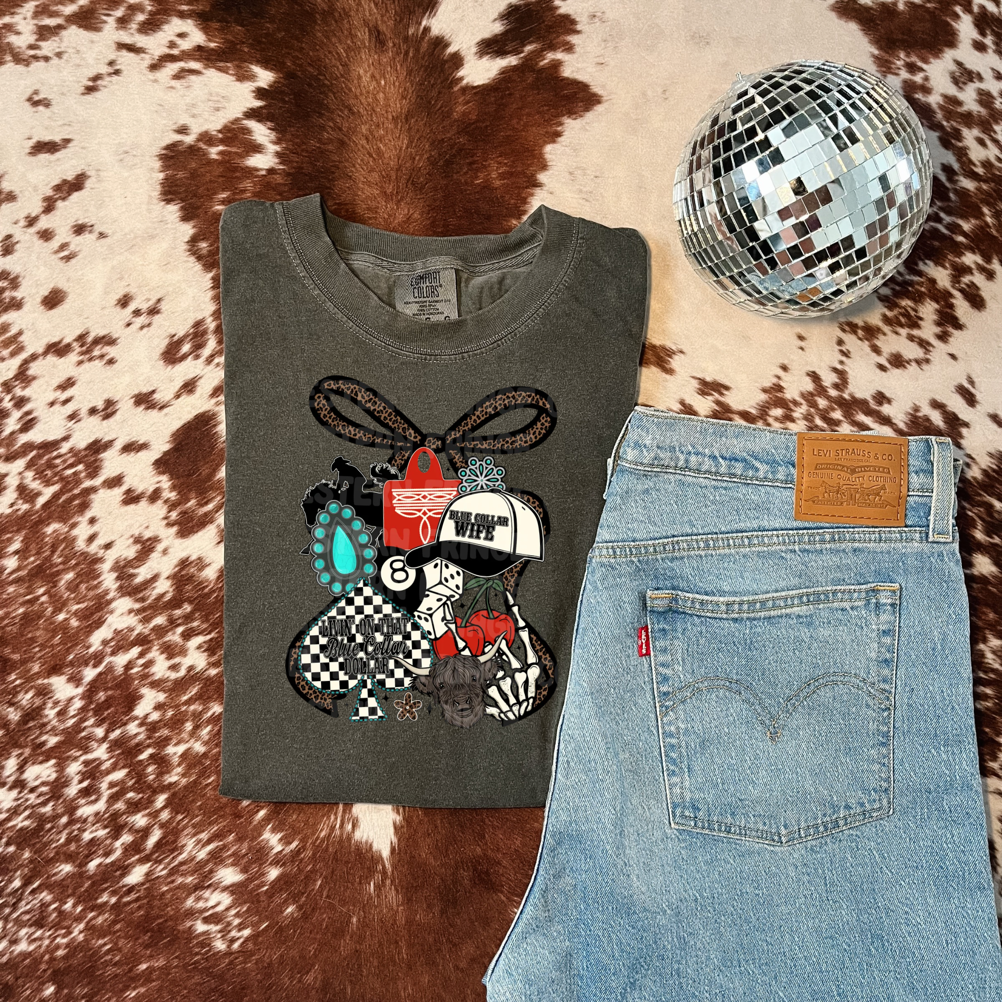 Blue Collar Leopard Bow Collage T-Shirt Graphic | Crewneck