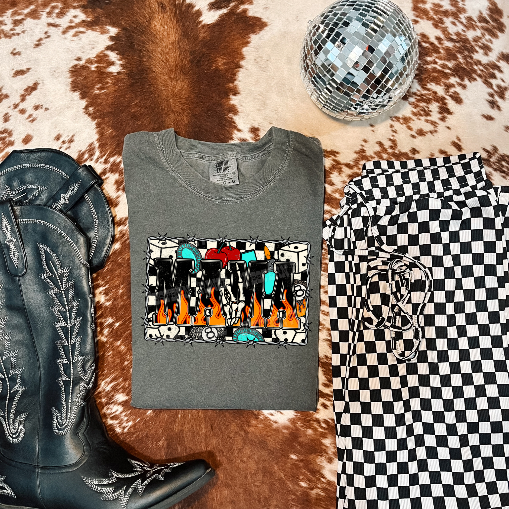 Western Checkered Flame Mama Graphic T-Shirt | Crewneck