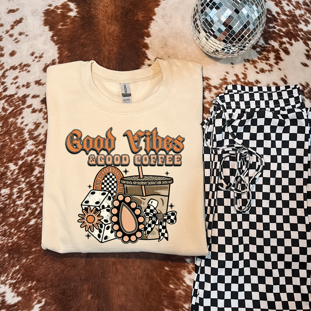 Good Vibes And Good Coffee Graphic T-Shirt | Crewneck | Peach Version