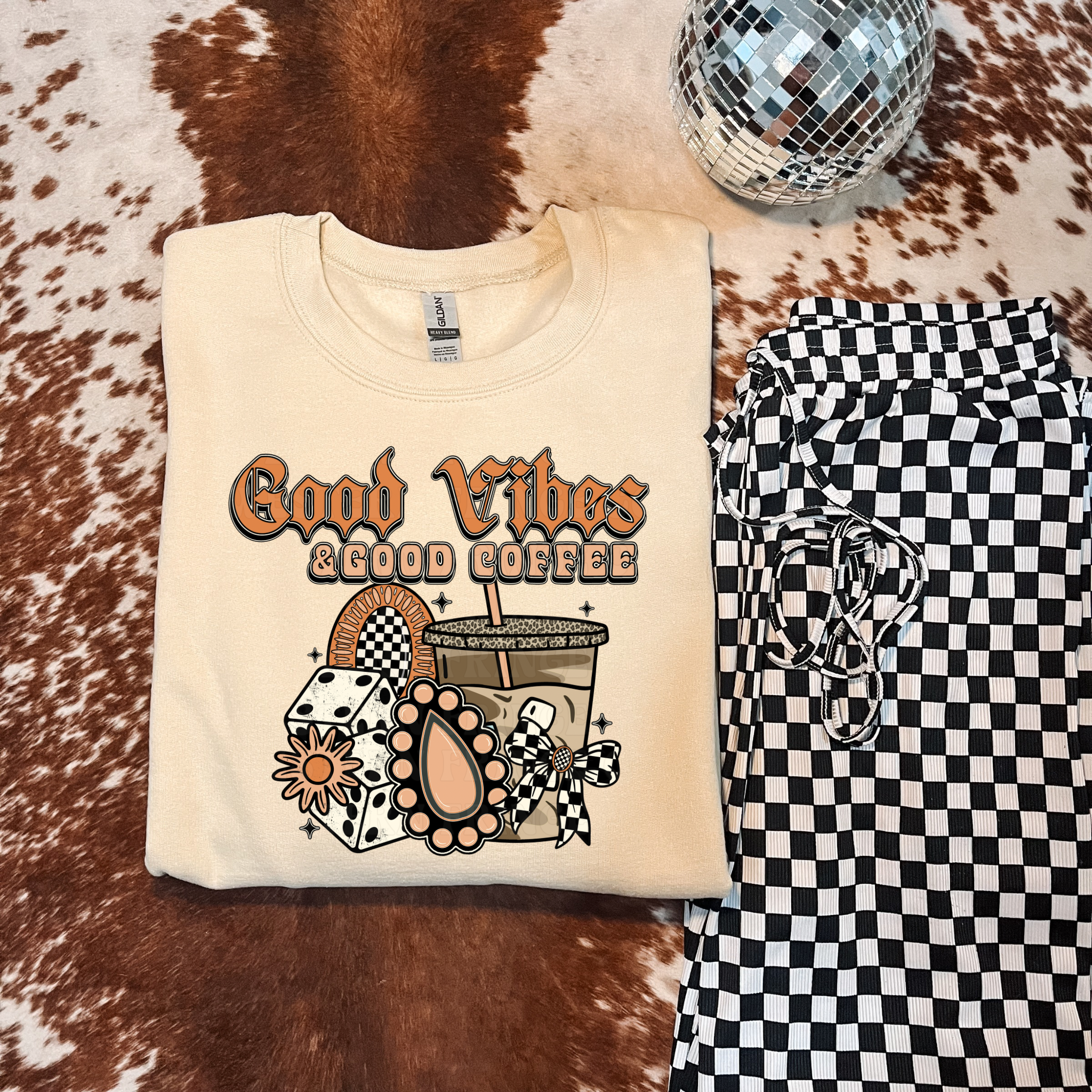 Good Vibes And Good Coffee Graphic T-Shirt | Crewneck | Peach Version