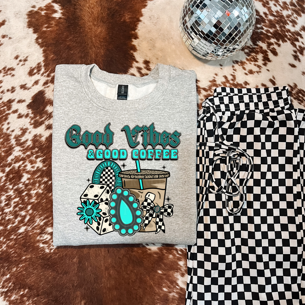 Good Vibes And Good Coffee Graphic T-Shirt | Crewneck | Turquoise Version