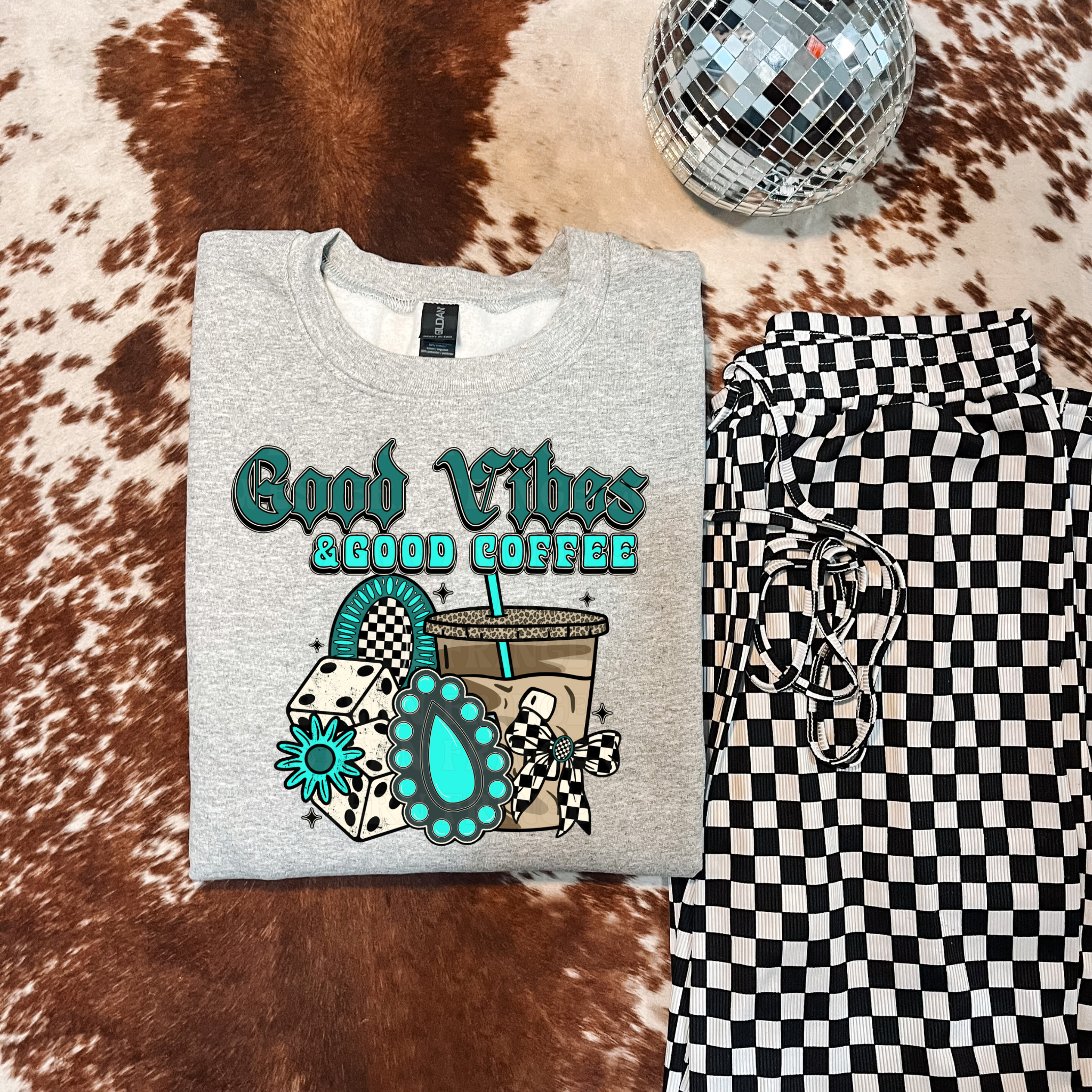 Good Vibes And Good Coffee Graphic T-Shirt | Crewneck | Turquoise Version