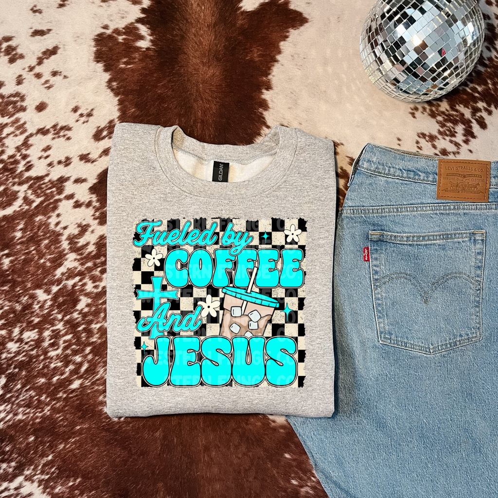 Fueled By Iced Coffee & Jesus Graphic T-Shirt | Crewneck | Turquoise Version