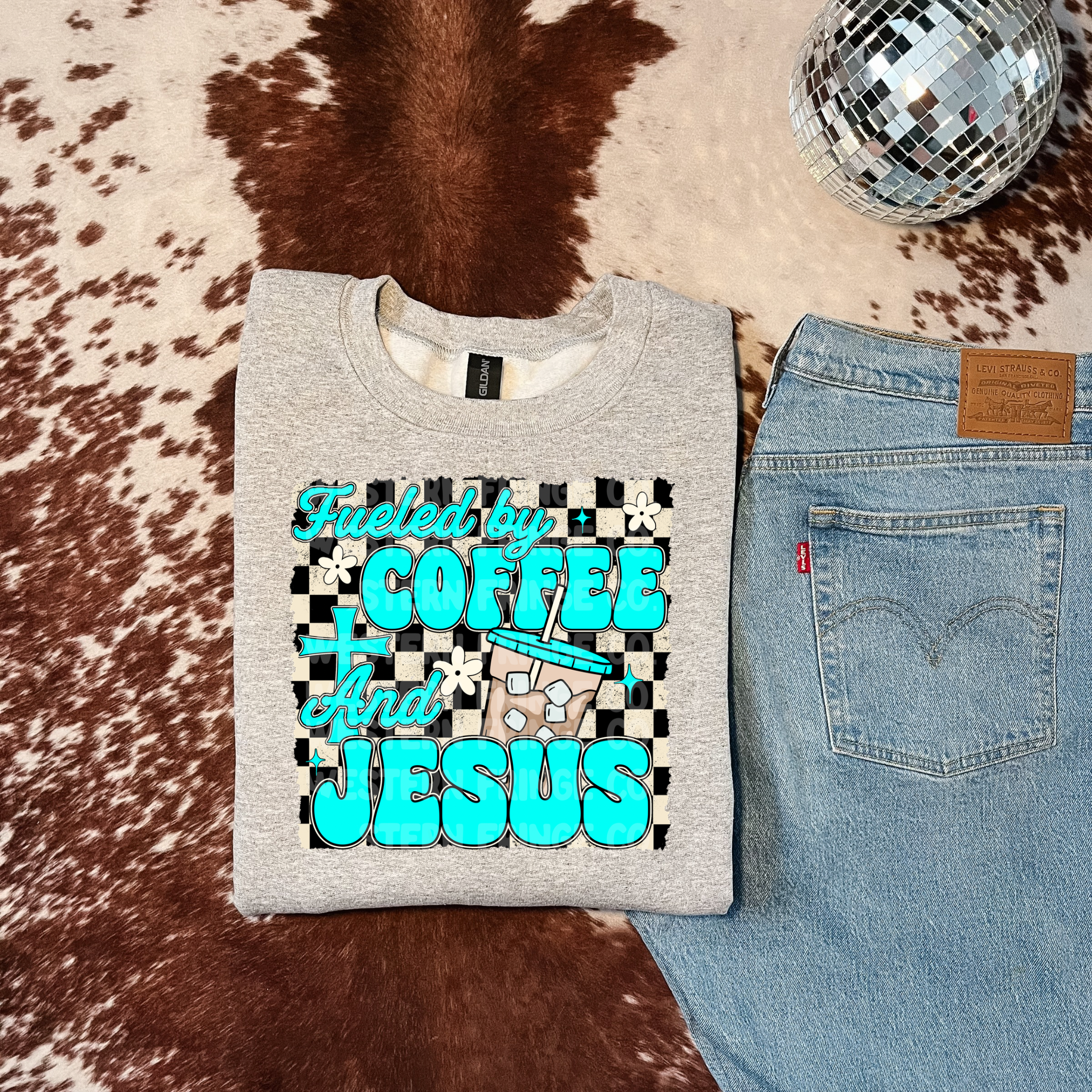 Fueled By Iced Coffee & Jesus Graphic T-Shirt | Crewneck | Turquoise Version