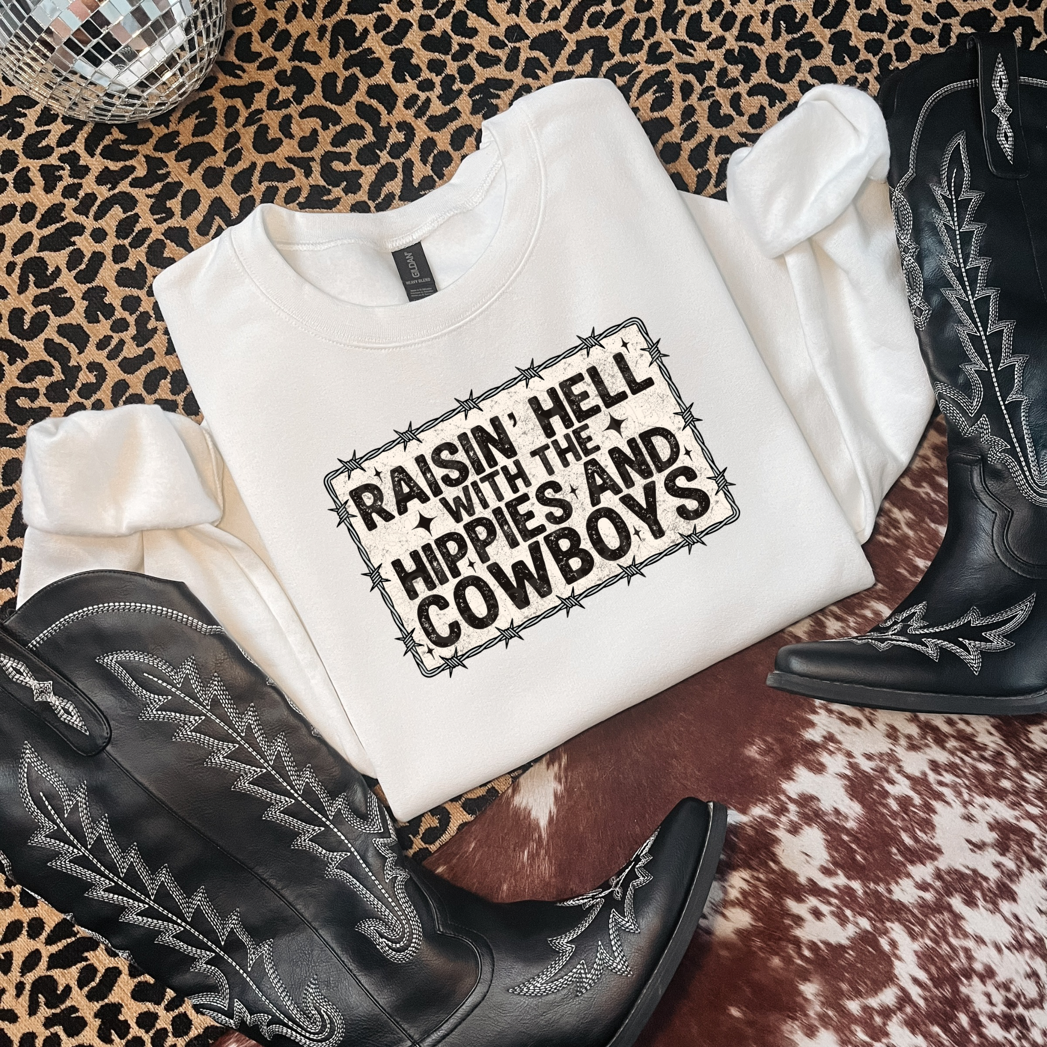 Raisin’ Hell With The Hippies And Cowboys Graphic T-Shirt | Crewneck